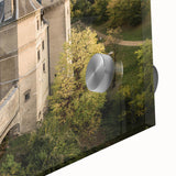 Large abstract wall art featuring a mid-century modernist European scenery in muted earth tones on acrylic glass.