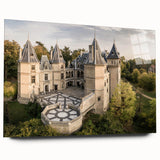 Large abstract wall art depicting a European scenery in muted earth tones on acrylic glass.