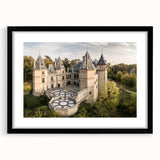 Extra large abstract art print of a colorful, textured European scenery on a black framed canvas.