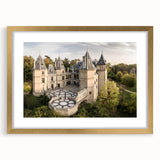 Abstract art print of a European scenery in muted gold and green tones on a framed canvas, suitable for dining room decor.