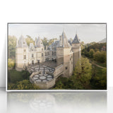 Mid-century modernist art depicting a European cityscape in muted gray and blue tones on a white framed acrylic print.