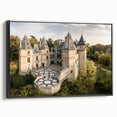 Framed canvas featuring a black and white vintage poster art of a European landscape, ideal for bedroom decor.