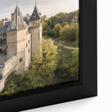 Extra large framed canvas of a textured, colorful European cityscape in black with vibrant accents.