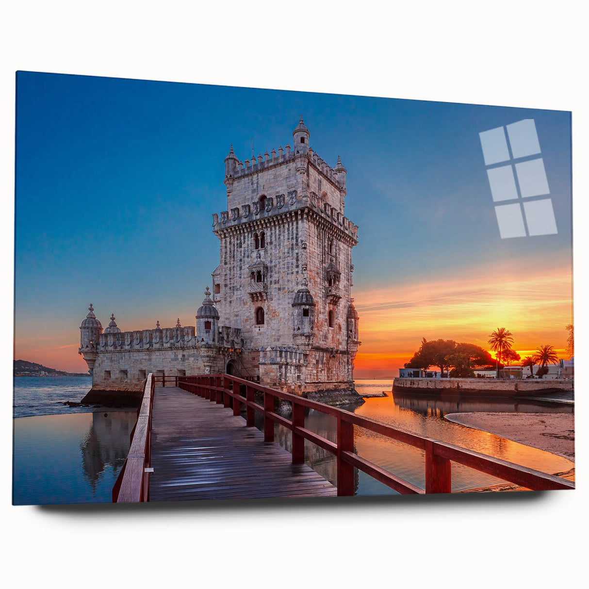 Large abstract wall art of Lisbon scenery in muted blue and orange tones on acrylic glass.