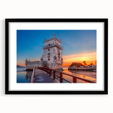 Extra large abstract art print of colorful Lisbon scenery on textured canvas, framed in black, ideal for living room decor.