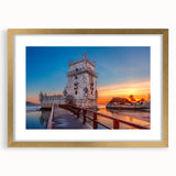 Abstract art print of Lisbon with muted gold and blue tones on a framed canvas, suitable for dining room or bedroom.