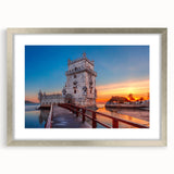 Extra large abstract art print of Lisbon scenery in textured style, using muted earth tones, framed in silver.