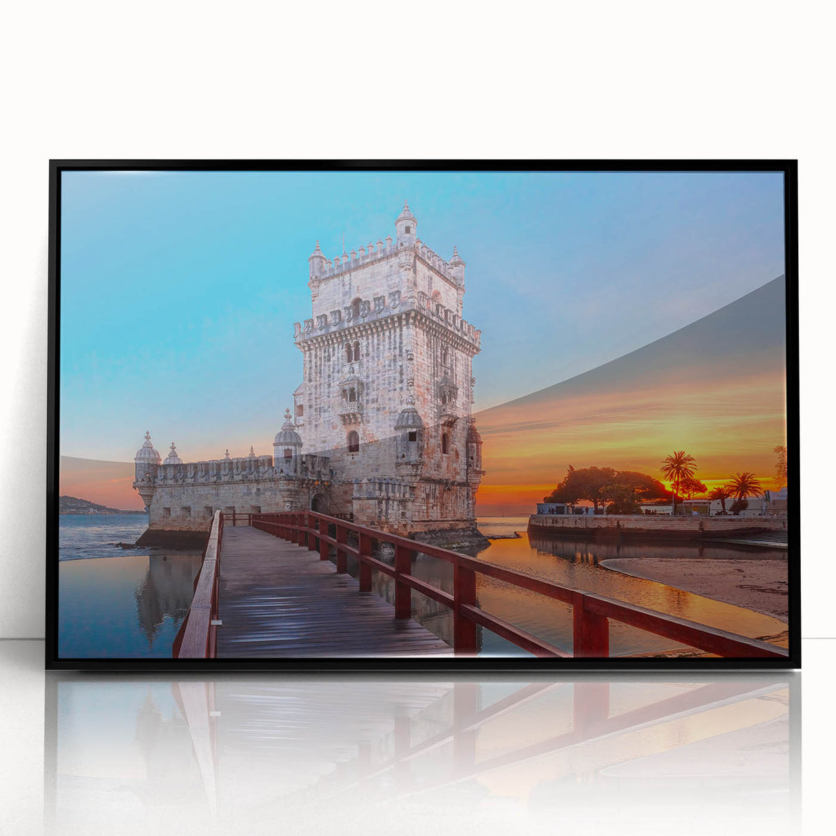 Large abstract wall art depicting Lisbon's cityscape in muted earth tones on a black framed acrylic.