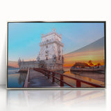 Framed acrylic print of Lisbon scenery in muted earth tones, ideal for modern art wall decor.