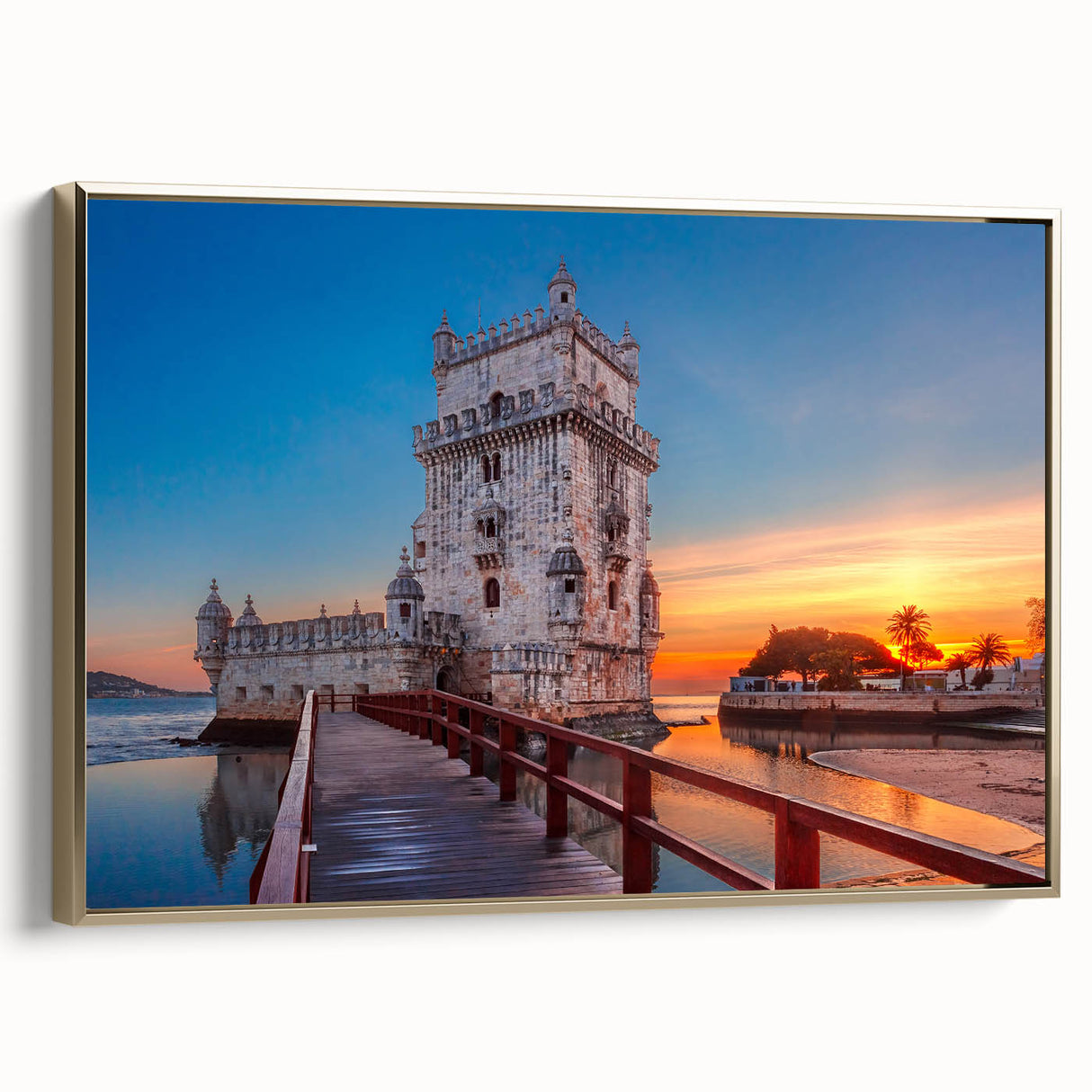 Framed canvas of vintage-style Lisbon landscape in black and gold tones, ideal for bedroom wall art.