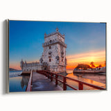 Framed canvas featuring a vintage-style landscape art painting of Lisbon with colorful and black elements.