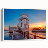 Vintage poster art of Lisbon with colorful buildings on a black framed canvas, ideal for living room decor.