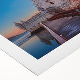 Art deco poster of Lisbon scenery on rolled canvas, with muted earth tones, suitable for dining room wall art.