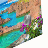 Large abstract wall art of Porto scenery in muted blues and greens on acrylic glass, suitable for dining room ambiance.