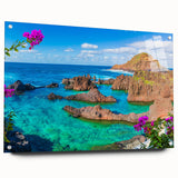 Acrylic print of Porto scenery with vibrant blue and orange hues, ideal for dining room decor.