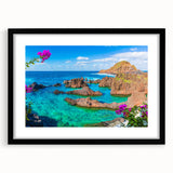 Colorful abstract art print of Porto scenery in vibrant hues on a large framed canvas, ideal for living room decor.