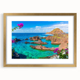 Abstract art print of Porto, Portugal, featuring muted blues and oranges on a framed gold mat, ideal for dining room decor.