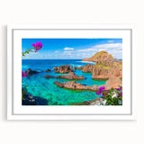 Textured art print of an abstract Porto scenery in muted blue and white tones on a framed canvas, ideal for bedroom art.