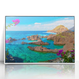 Mid-century modernist art of Porto, Portugal in vibrant hues on a framed acrylic, ideal for modern art wall decor.