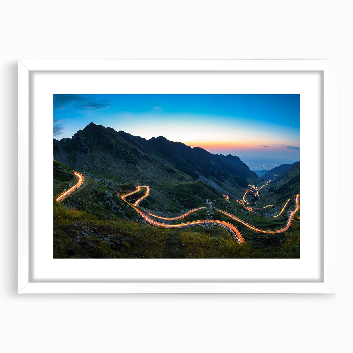 Textured abstract art print depicting a European Romanian scenery in muted earth tones, framed with a white mat.