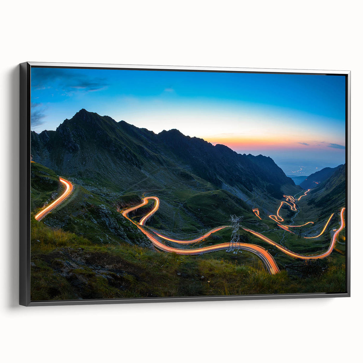Black and white framed canvas featuring a vintage-style Romanian landscape, ideal for bedroom decor.