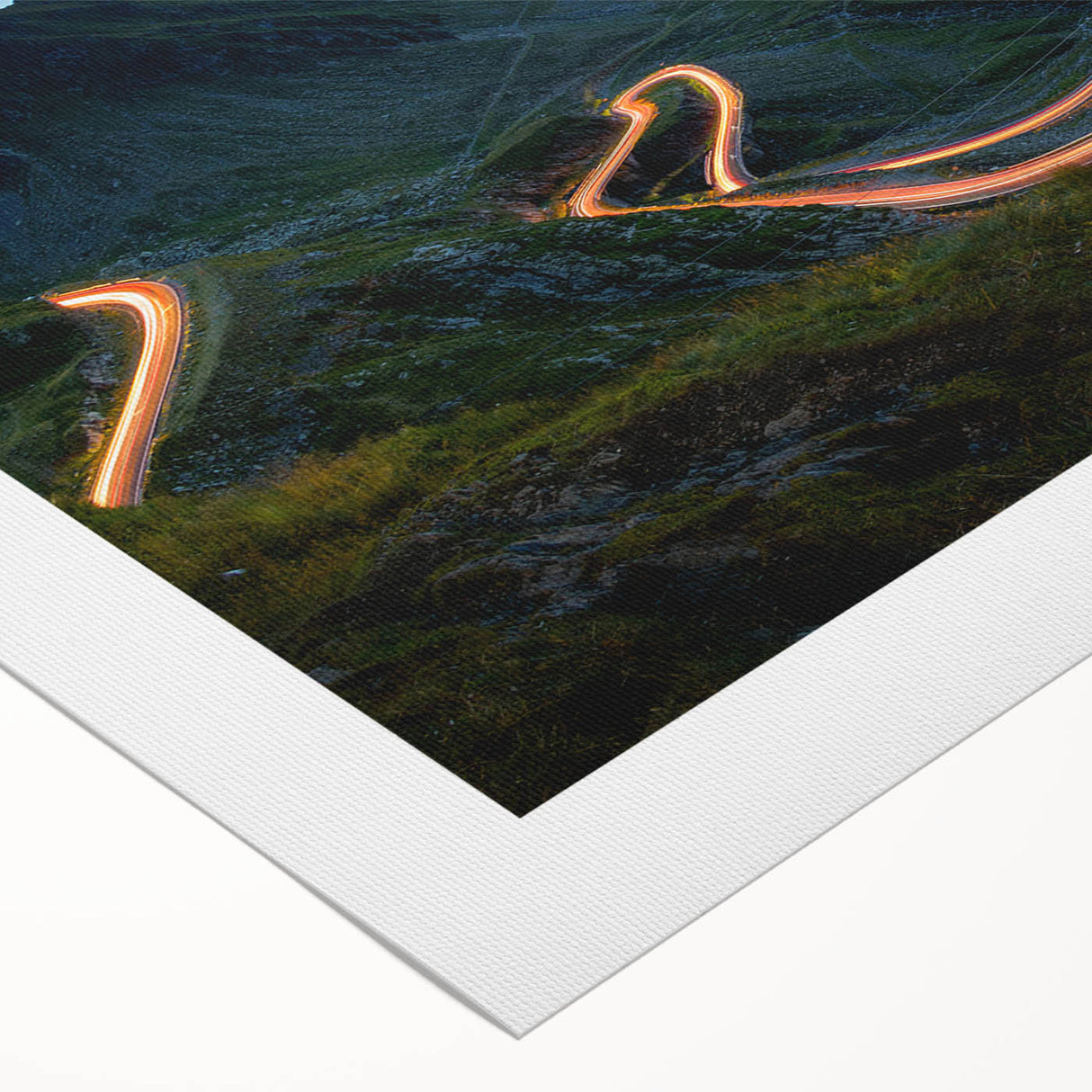Art deco poster of a Romanian landscape in muted green and beige tones, printed on rolled canvas.