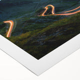 Art deco poster of a Romanian landscape in muted green and beige tones, printed on rolled canvas.