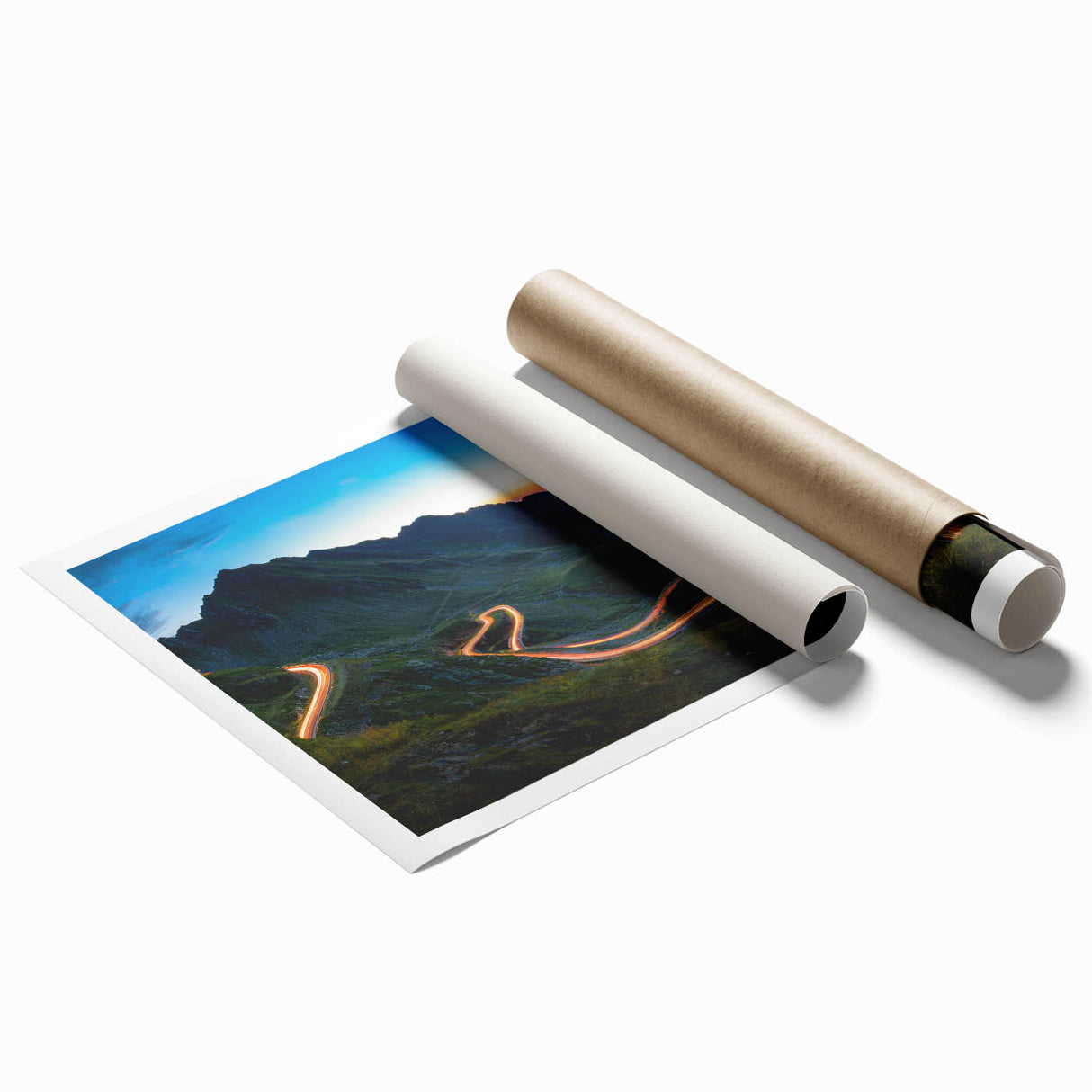 Extra large rolled print of a floral Romanian landscape in muted earth tones, suitable for bathroom or living room decor.