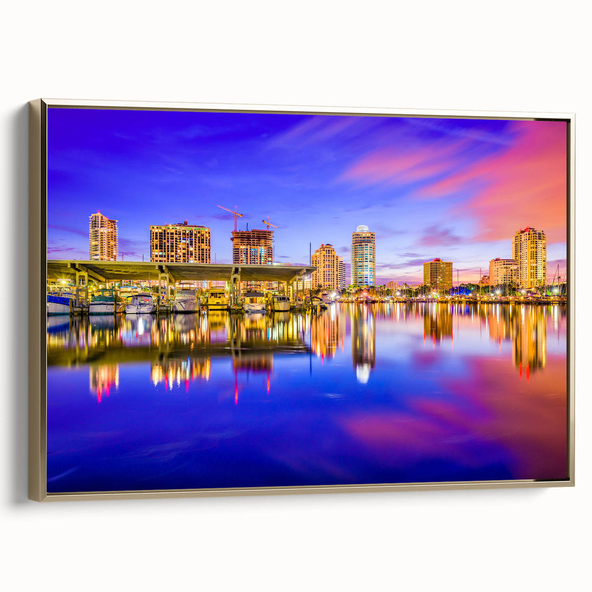 Framed canvas depicting a vintage-style landscape of St. Petersburg in muted gold and black tones, ideal for bedroom decor.