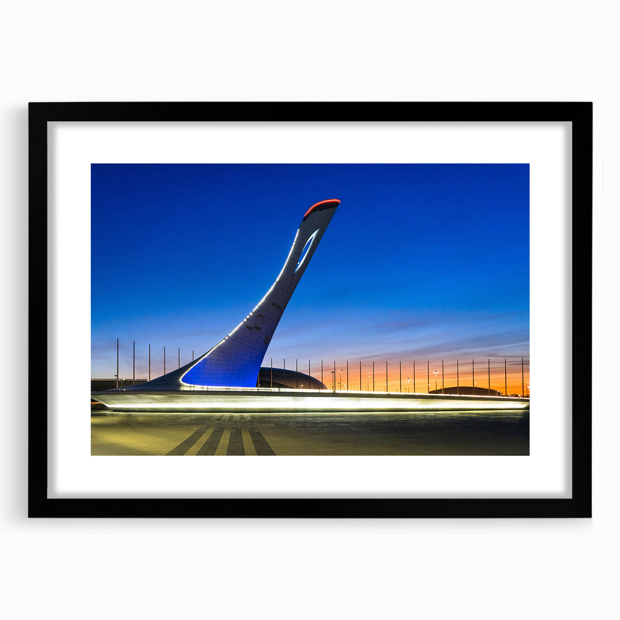 Extra large abstract art print featuring a colorful, textured depiction of Sochi's scenery on a framed black mat.