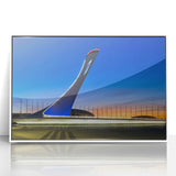 Mid-century modernist art depicting Sochi landscape in muted colors on a white framed acrylic, suitable for nursery wall art.