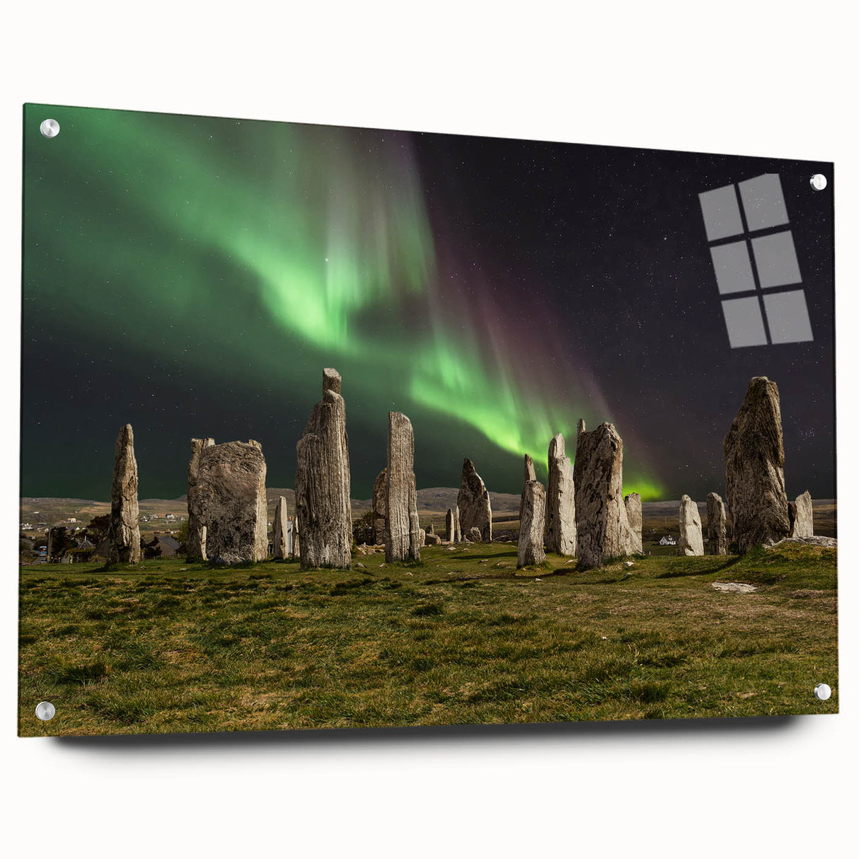 Acrylic print of a serene Scottish landscape in muted greens and blues, ideal for dining room decor.