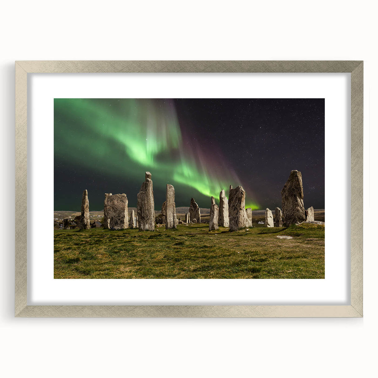 Extra large abstract art print of a textured Scottish landscape, in muted earth tones, framed in silver.