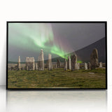 Framed acrylic print of a large abstract depiction of a European Scottish landscape in muted earth tones.