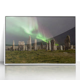 Mid-century modernist art of a Scottish landscape, framed acrylic with muted earth tones, suitable for nursery wall art.