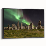 Black and white wall art featuring a vintage poster-style landscape of Scotland on framed canvas, ideal for bedroom decor.