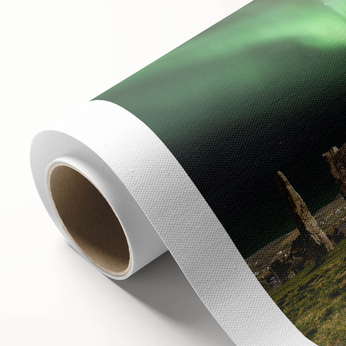 Art Deco style poster of a serene Scottish landscape on rolled canvas, ideal for nursery wall art.