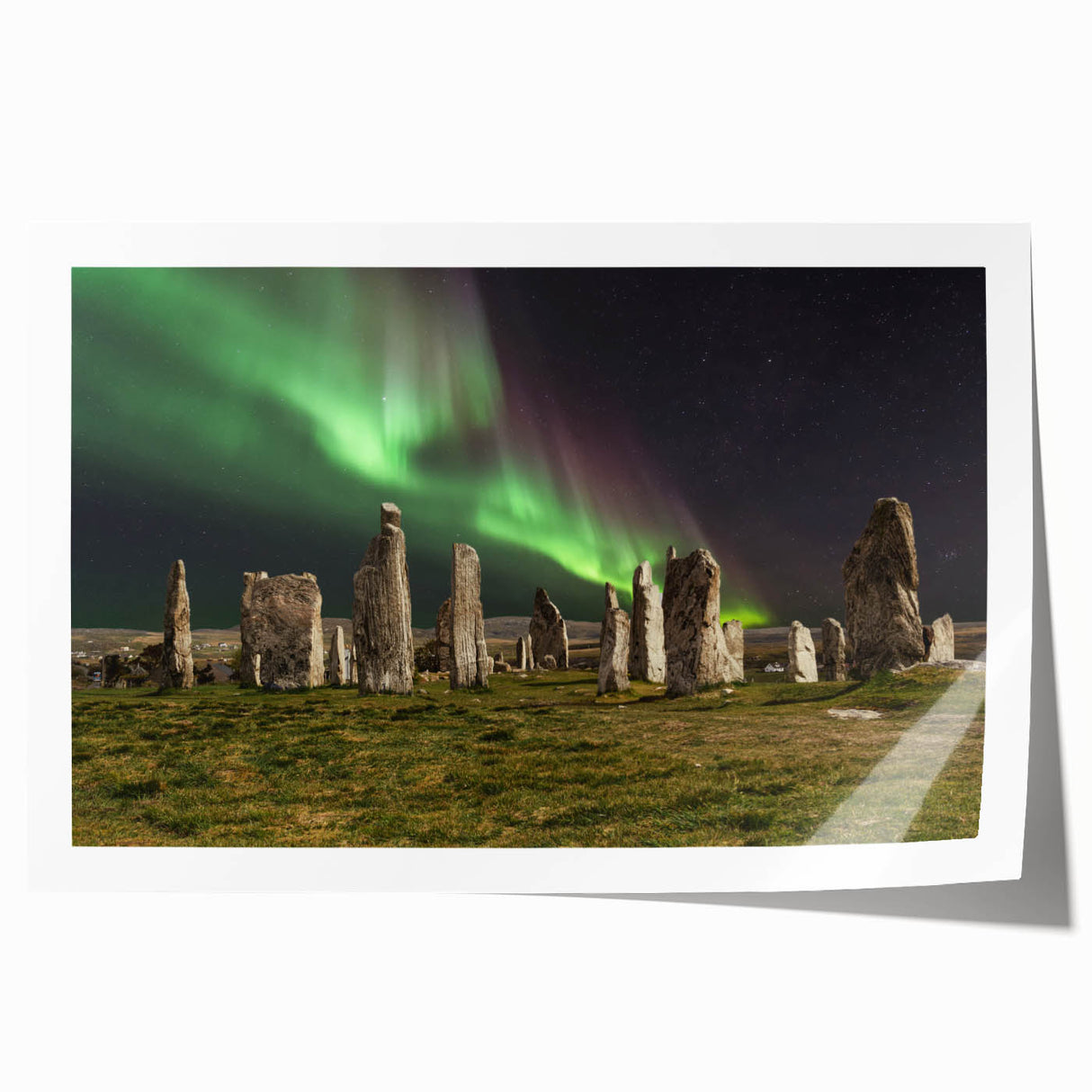 Rolled canvas print of a Scottish landscape featuring vibrant green and blue tones, ideal for dining room wall art.