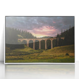 Mid-century modernist art depicting a European landscape in muted colors on a framed acrylic print.