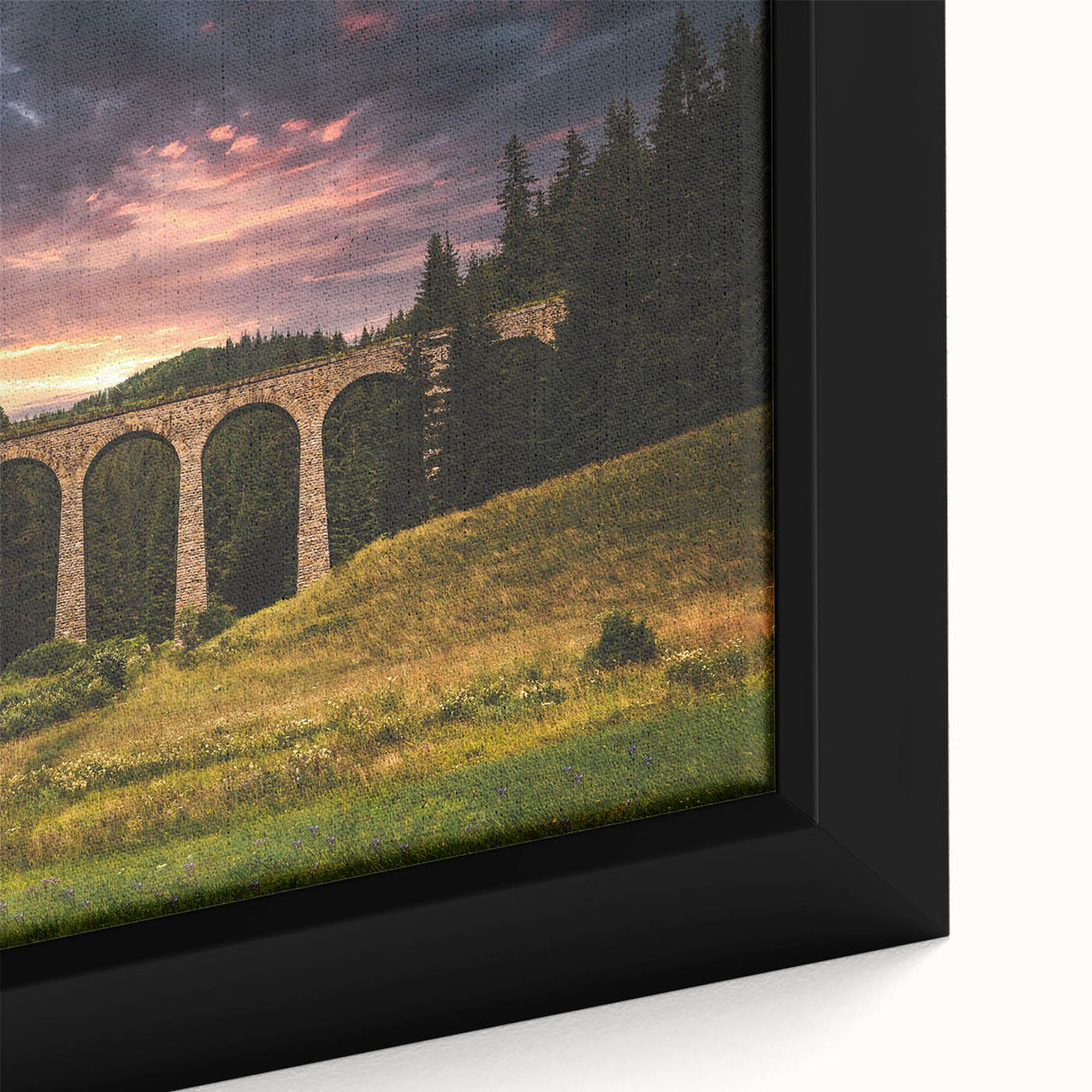 Black framed canvas of a textured European scenery in vibrant colors, ideal for living room decor.