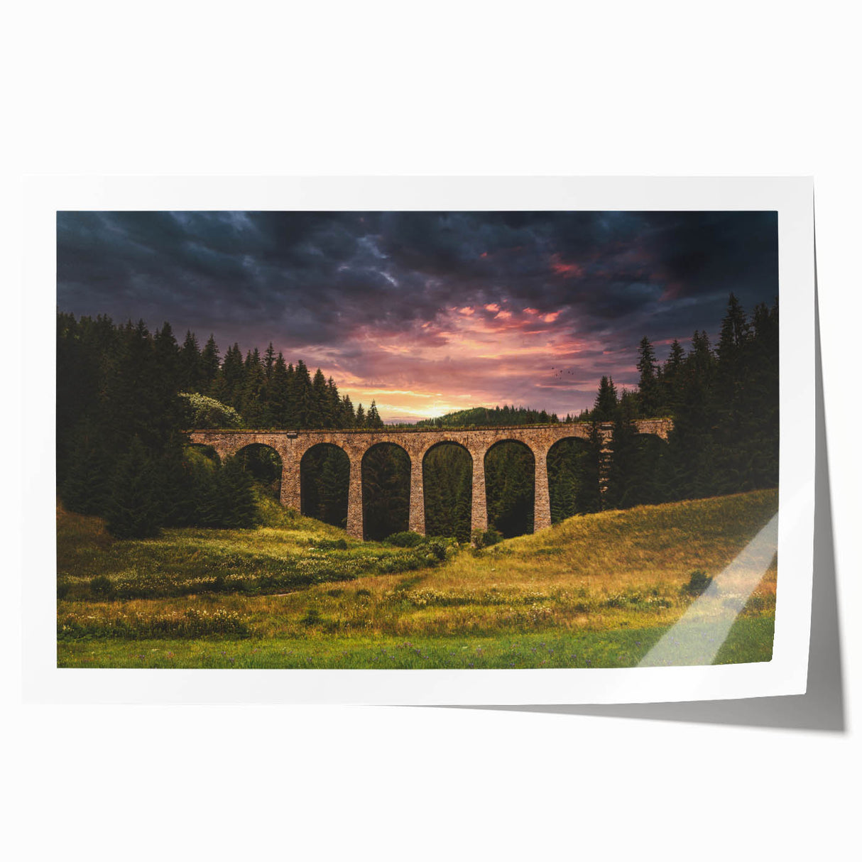 Scenic Slovakia landscape on rolled canvas, featuring lush greenery and mountains, in soft green and blue tones.