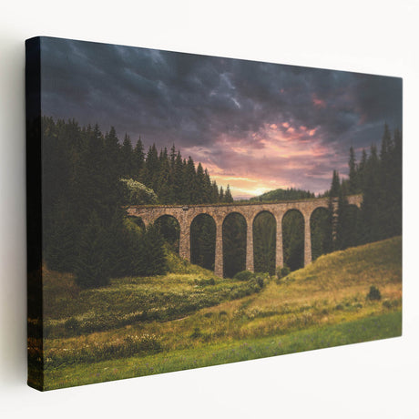 Side view of a stretched canvas featuring a European Slovakian landscape in muted earth tones, ideal for kitchen wall art.