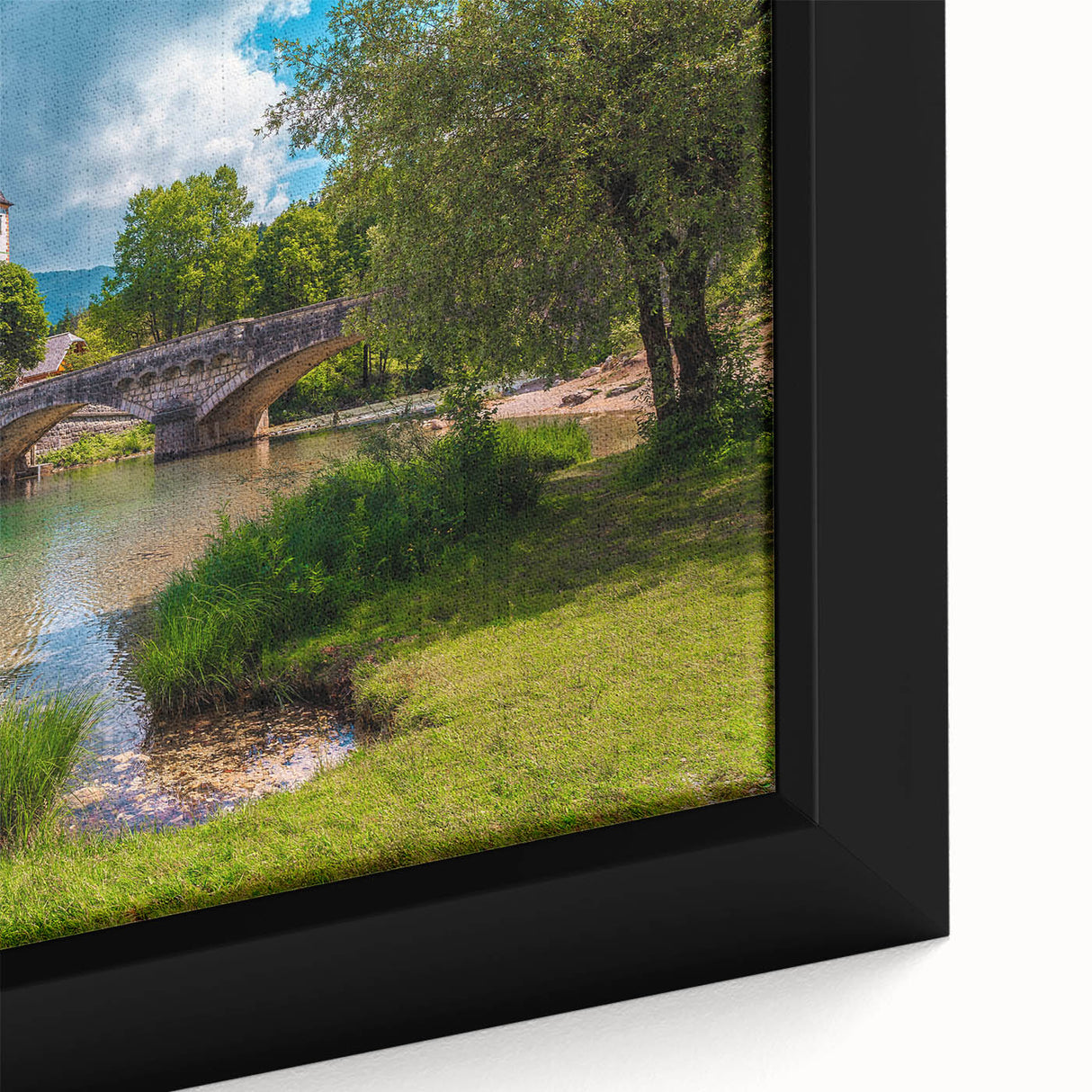 Extra large framed canvas of a textured European landscape in black with colorful accents, ideal for living room decor.
