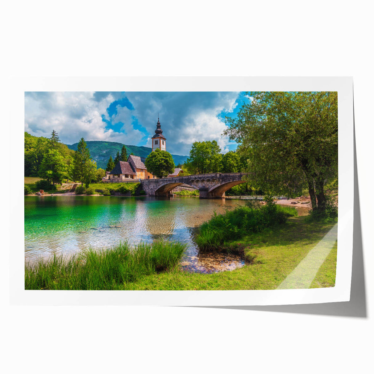 Rolled print of a European scenery with vivid green and blue hues, ideal for art wall dining room.