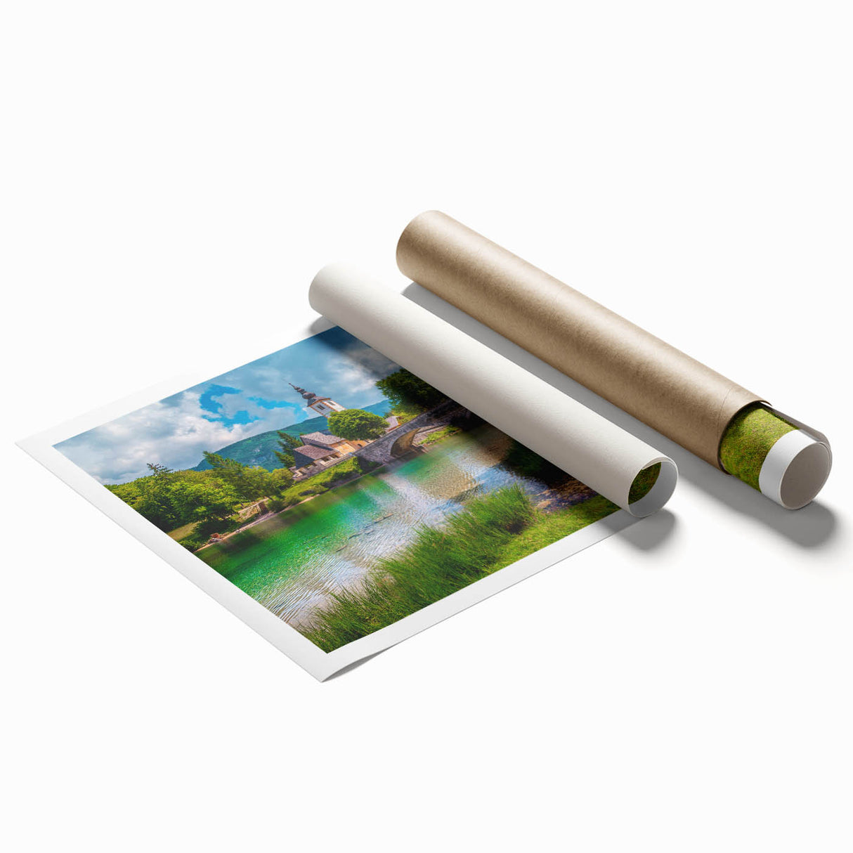 Extra large rolled print of a Slovenian landscape with vibrant greenery and floral elements.