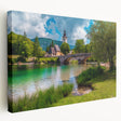 Landscape painting of Slovenian countryside on stretched canvas, featuring muted earth tones, ideal for kitchen wall art.