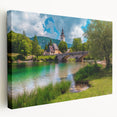 Landscape painting of Slovenian countryside on stretched canvas, featuring muted earth tones, ideal for kitchen wall art.