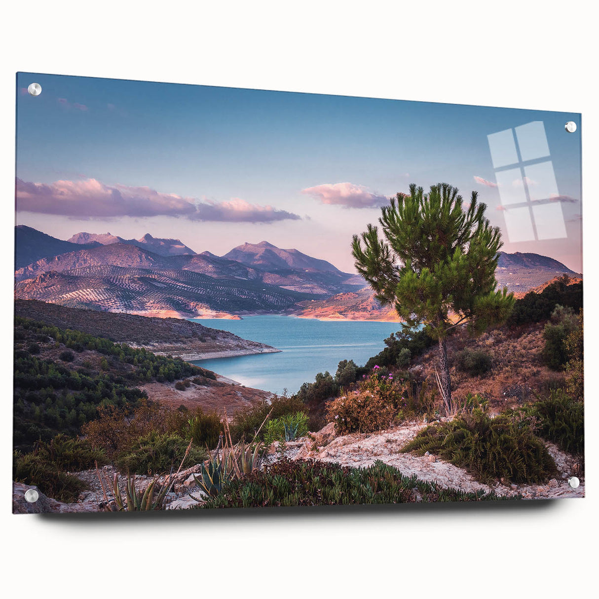 Large abstract wall art of Andalucia scenery in muted earth tones on acrylic glass, ideal for bedroom or dining room decor.
