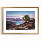 Textured abstract art print of Andalucian scenery in gold frame, ideal for bedroom wall decor.
