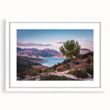 Extra large abstract art print of Andalucian landscape in textured colors, framed in white, ideal for living room decor.